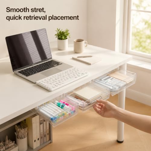 Under Desk Storage Slide Out Drawer Organizer,3 Pack Large & Medium & Small Hidden Under Desk Drawer Multi Space Holder for Pen Earphone Cosmetics Kitchenware Notebook Tape,LMS White - Image 2