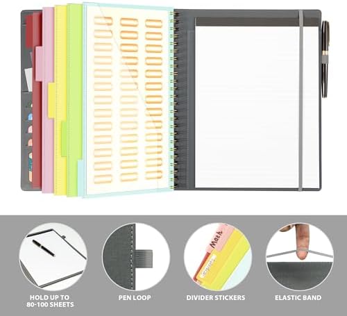Ospelelf Clipboard with Storage for Men Women, Leather Padfolio Portfolio Organizer 5 Folders with 10 Pockets, Spiral Clipboard Folio with Notepad for Letter Size, Elastic Closure and Pen Loop Grey - Image 5