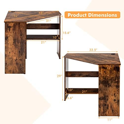 COSTWAY Corner Computer Desk, Space-Saving Triangular Writing Desk w/ 2 Storage Shelves & 2 Cable Holes, Multi-Functional Console Table for Small Space in Home Office, Living Room, Bedroom (Coffee) - Image 3