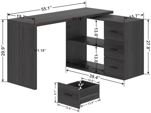 HSH Dark Grey L Shaped Computer Corner Desk with 3 Storage Drawers 55 inch - Image 2