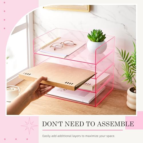 Harloon 4 Tier Paper Organizer Letter Tray Pink Acrylic Desk File Organizer Heavy Duty Stackable Documents Clear Letter Paper Holder Office Tray for A4, Office Classroom Home File Pad Notebooks - Image 3