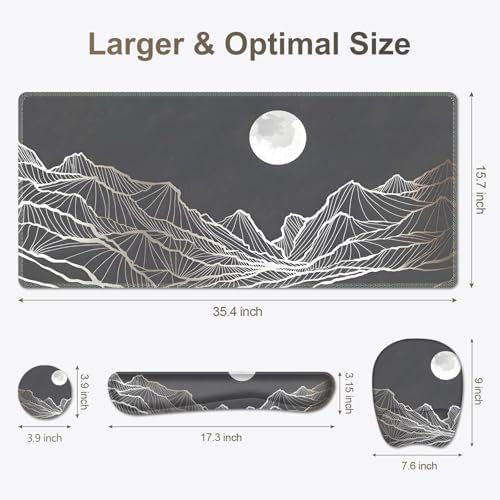 Large Mouse Pad, Keyboard Wrist Rest Set, Ergonomic Mouse Pad with Wrist Support, Desk Mat with Stitched Edges + Coaster, Extended Desk Pad Waterproof Desk Mat for Home Office Game I Moon and Valley - Image 6