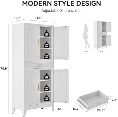 COFaR 71" Tall Pantry Cabinet with Drawer, White Storage Cabinet with Adjustable Shelves, 3-Section Freestanding Cupboard for Kitchen Organization - Image 2