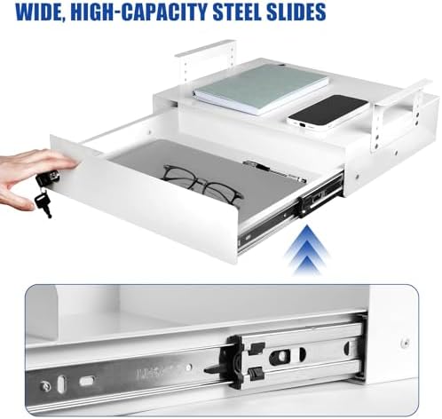 Under Desk Drawer Storage with Lock, Metal Undermount Table Drawer, Ball Bearing Slides Out Tray Organizer for Paper, Pencil, and Laptop 17.3"x11.8"x5.4", White with Adjustable Brackets - Image 5