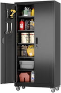 Aobabo Black Metal Garage Storage Cabinet with Wheels, 34"W x 18"D x 71"H by Aobabo
