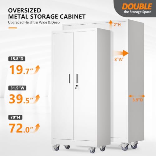 VINGLI Large Metal Storage Cabinet with 2 Doors and 5 Adjustable Shelves, Upgraded Height & Wide & Deep, 40''W x 20''D x 72''H, Oversized Garage Storage Cabinet with Wheels and Locks (White) - Image 4