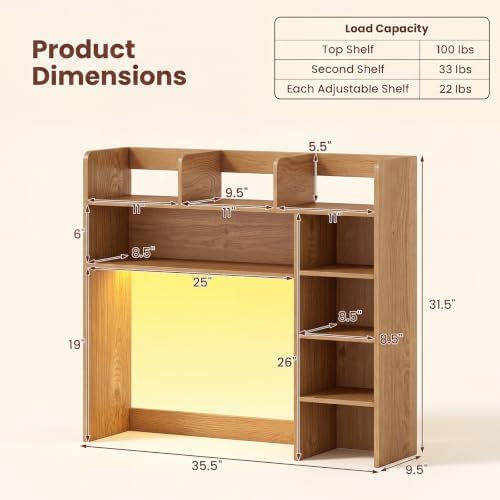LDAILY Desktop Bookshelf with LED Lights, 35.5’’ Wooden Desk Shelf with 8 Cubes & 3 Adjustable Storage Shelves, 5-Tier Desk Hutch for Dorm College Office Computer Monitor Up to 25’’(Natural) - Image 3