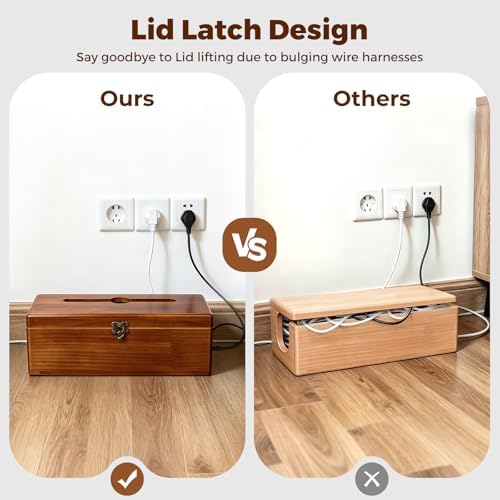 Large Cable Management Box with Clasp, Soild Wood Cord Box with 4 Open Slots, Cable Box to Hide Cords and Power Strip - Image 3