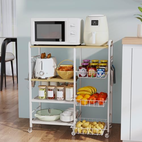 HapiRm Rolling Kitchen Microwave Cart - 4 Tier Microwave Table Stand with Pull-Out Baskets, Coffee Bar Baker's Rack with Wheels Rolling Storage Cart Organizer Shelf for Living Room Office, Balcony by HapiRm