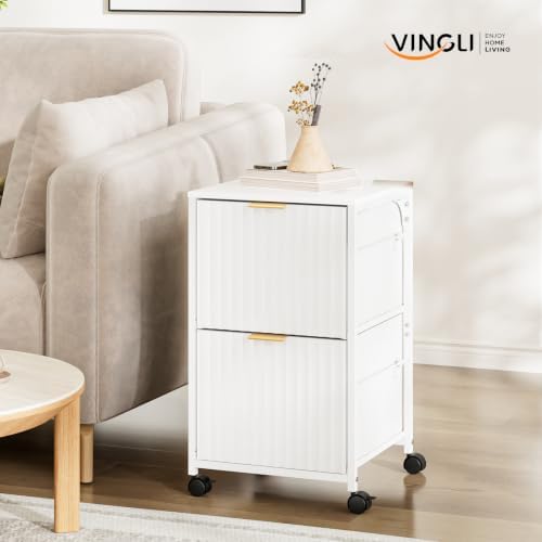 VINGLI 2 Drawer Mobile File Cabinet, Rolling Fluted Filing Cabinet Under Desk File Cabinet with Wheels, Fabric Drawers Printer Stand for Home Office, Fits Letter Size, White - Image 7