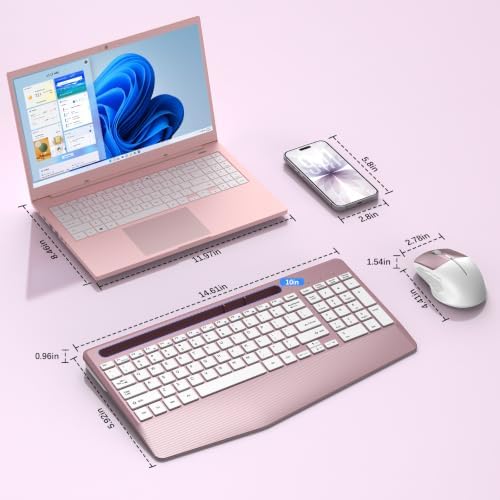 Rechargeable Silent Wireless Keyboard and Mouse Combo, Ergonomic Wrist Rest & Phone Tablet Holder, USB-C Adapter Included, 2.4G Lag-Free Cordless Set for Windows Mac Laptop PC Home Office (Rose Gold) - Image 2