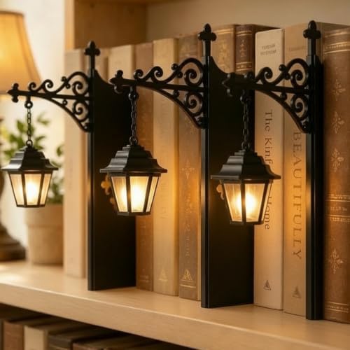 Library Lantern Bookshelf Lamp, Warm LED Bookshelf Lighting, Vintage Black Metal Lantern Bookend for Reading Nook, Home Library, Gift for Book Lovers-3Pack by Unknown
