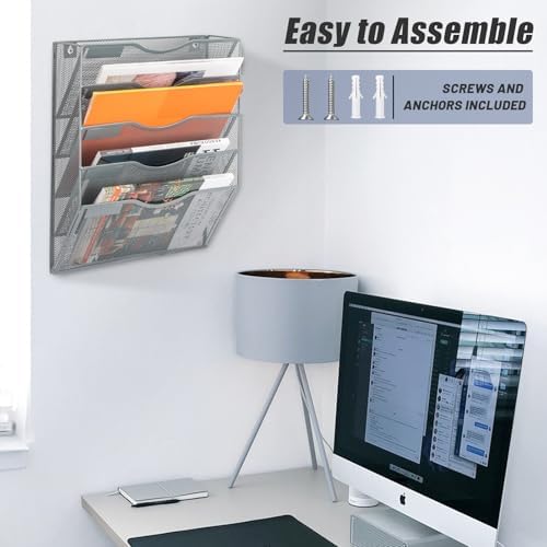 EASEPRES 5 Pocket Mesh Hanging Wall File Organizer, Wall Mounted Mail Paper Document Folder Holder, Clipboard Storage Organization Magazine Rack with Nametag Label for Office Home School, Gray - Image 6