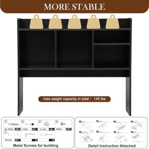 Vercraft Dorm Desk Hutch Wood Desktop Bookshelf 32.4x27.6x8'',Black - Image 5