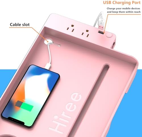 Hiree Bedside Shelf for Dorm Bunk Bed with USB Charging Port and 2 AC Outlets, Bed Side Table Tray Organizer, College Dorm Essential, Clip On Bedside Tray, Cool Teen Girls Trendy Stuff (Pink) - Image 3
