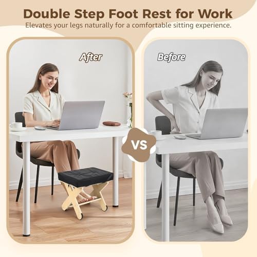 Double Step Foot Rest Under Desk, Ergonomic Wood Foot Stool with PU Cushion Top, Desk Foot Rest for Office Chair, Under Desk Footrest Stool for Work, Leg Rest Support (Natural Wood) - Image 3