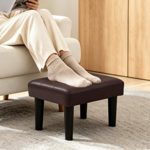 CAROLMADE Footstool Ottoman with Legs, PVC Small Foot Rest Under Desk, Ottoman with Storage for Living Room, Bedroom, Entryway Brown - Image 3