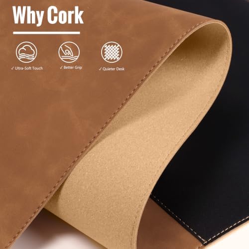 HAUTOCO Cork Desk Mat 48''x19.7'', Distressed PU Leather & Cloth Desk Pad - Image 3
