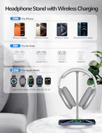 Miroddi Headphone Stand with Wireless Charger, Independent USB Charging Port, 5 in 1 Charging Station Headset Holder Rack for AirPods Max/Pro/4/3/2, iWatch, iPhone, Samsung and Desk Headphones, White - Image 3