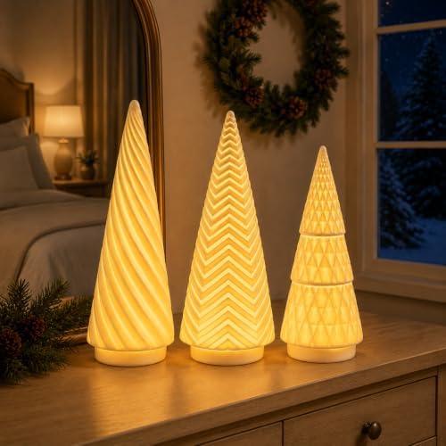 Lighted Ceramic Christmas Trees Set of 3 White Tabletop Christmas Decor by Unknown