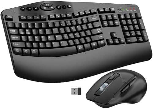 Ergonomic Wireless Keyboard and Mouse Combo, 2.4GHz Full Size Wave Keys Computer Keyboard with Wrist Rest for Natural Typing, Silent 6 Button USB Mouse for Laptop PC Windows Mac (Black) by EDJO