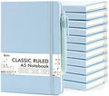 feela 12 Pack Notebooks Journals Bulk, Hardcover Notebook Classic Ruled Lined Journals with Pen Holder for Women Girls School Business Supplies, with 12 Black Pens, 120 GSM, 5.1”x8.3”, A5, Light Blue by feela