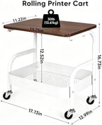Under Desk Printer Stand with Storage 2 Tier Rolling Printer Cart with Wheels, Mobile Short Under Shelf Storage Small Rolling Table Cart for Home Office, White - Image 2