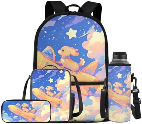 Unisex School Backpack 4Pcs, Cartoon Travel Daypack & Pencil Case & Lunch Bags & Cup Sleeve Lightweight Portable for Kids Teen Star Dog Print by Oamsistay