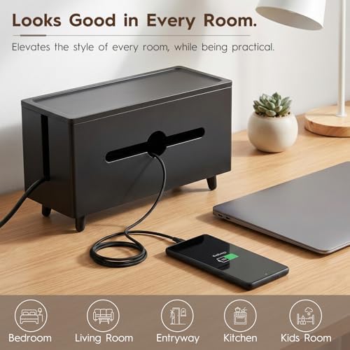 Extra Large Cable Management Box，Wood Cable Organizer Box,Power Strip Box & Organizer for Power Strip, TV Wires & Desk Cable Storage,Hide Desk Cord and Floor Cables (Black) (Black) - Image 6