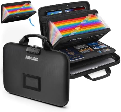 Fireproof Document Box with Lock,Hard-Shell Case File Organizer with 13 Pocket File Folder,Portable Office Travel Storage for Important Documents Passport Laptop (Black, Style C) by Unknown