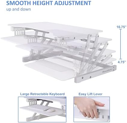 Rocelco 32" Height Adjustable Standing Desk Converter - Quick Sit Stand Up Dual Monitor Riser - Gas Spring Assist Tabletop Computer Workstation - Large Retractable Keyboard Tray - White (R ADRW) - Image 2