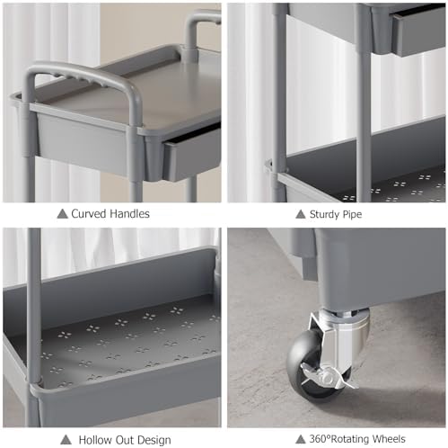 4 Tier Rolling Utility Cart with Drawer, Plastic Storage Organizer Rolling Carts with Wheels Handles Hanging Cups Hooks for Office, Bathroom, Kitchen,Craft Art Room (Grey) - Image 5