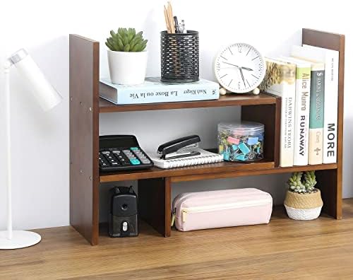 MyGift Adjustable Brown Solid Wood Desktop Storage Organizer Display Shelf Book Rack, Home Office Desk Decor Bookshelf - Image 2
