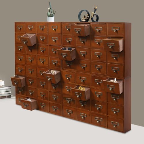 Vintage 64-Drawer Wooden Drawers Organizer, Stackable or Standalone Desktop Medicine Cabinet Organizer with Drawers & Labels Herbal、Tea Bag、Jewelry (Log Color) - Image 5