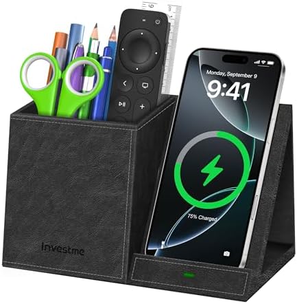 Pen Holder with Wireless Charger, Pencil Holder for Desk, Multi-Functional Desktop Organizer, Desk Organizers and Accessories for Home School Office Supplies, PU Leather Black by Investme