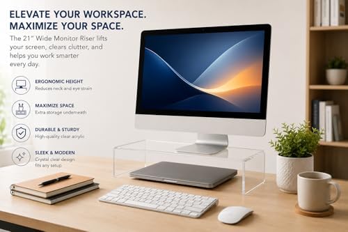 Azar 515360 Acrylic Monitor Stand Riser – Made in USA Laptop stand and Monitor Riser Acrylic Monitor Stand Riser Clear Laptop Stand for Desk Ergonomic Display Riser, Clear (21-Inch-Luxury Handcrafted) - Image 6