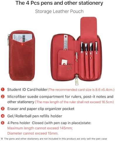 CONTACTS Full Grain Leather Pencil Case for Women Handmade Vintage Zipper Pen Holder Pouch with Card Slot Pens Organizer Pockets Stationery Bag (Red) - Image 4