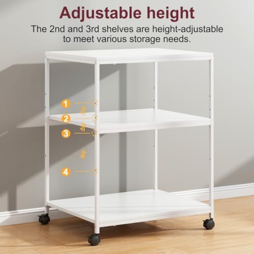 White Printer Stand, 20” Large Printer Table for Home Office, 3 Tier Rolling Printer Cart with Storage, for Shredder Scanner Fax - Image 3