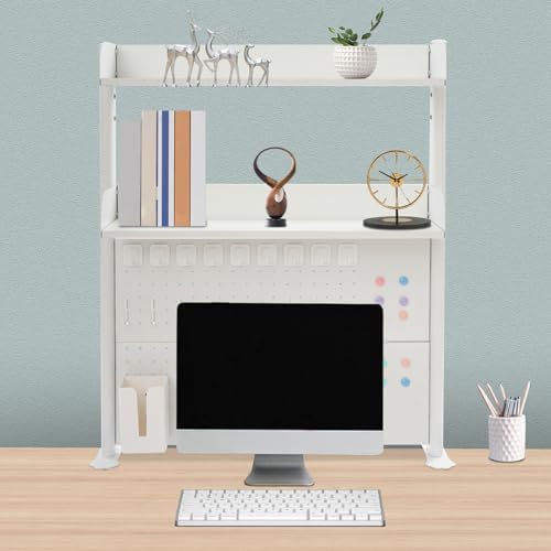 Pegboard Clamp-On Desk Bookshelf, White Desk Organizer Shelf with Adjustable Shelf & Hooks - 44 lbs Capacity, Modern Pegboard Table Display Stand for Office Home Gaming Children's Room, Easy Assemble - Image 2