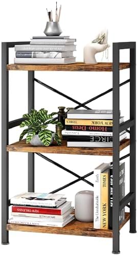 Homeiju Bookshelf, 3 Tier Industrial Bookcase, Metal Small Bookcase, Rustic Etagere Book Shelf Storage Organizer for Living Room, Bedroom, and Home Office(Rustic Brown) Patent Pending D29873033 by Homeiju