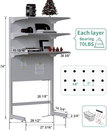JWX DDB Standing Pegboard Shelf Unit, 30'' White Home Office shlef cabinets with Metal Pegboard and 15 Pieces Organizer Tool Holders - Image 3