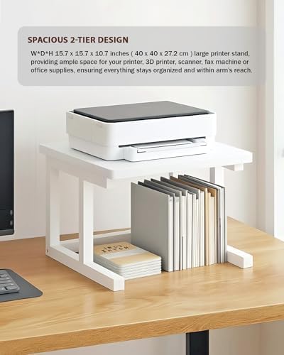 Desktop Printer Stand, 15.7″x 15.7″ 2-Tier Large Printer Shelf fit 3D Laser Printer/Scanner/Fax Machine, Industrial Storage Rack for Home Office Storage, White P4040-W - Image 2