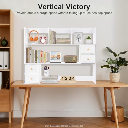 3-Tier Desktop Hutch Bookshelf, 31.5 Inch Desktop Bookshelf Storage Rack with 4 Drawers, Desk Hutch for Computer Monitor, Desk Shelf Bookcase for Home Office Dorm - Image 5