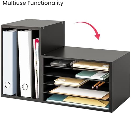 Ballucci 5 Tier Paper Organizer Letter Tray, Wood Desk File Organizer with Adjustable Shelves, Home Office School Letter/A4 Mail Sorter Magazine Holder - Black - Image 5
