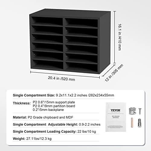 VEVOR Literature Organizers, 12 Compartments Office Mailbox with Adjustable Shelves, Wood Literature Sorter 20.4x12x16.1 inches for Office, Home, Classroom, Mailrooms Organization, EPA Certified Grey - Image 3