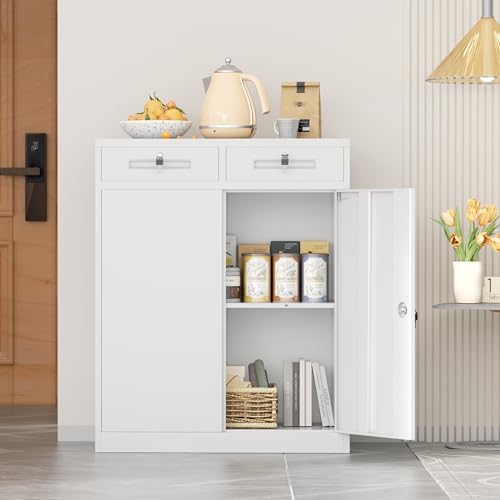 INTERGREAT Metal Garage Storage Cabinets with Lock,Steel Storage Cabinet with Drawer and 2 Adjustable Shelves, Small Lockable Office Steel Cabinet for Home, Warehouse, School, White - Image 2