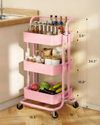 Pipishell Metal 3 Tier Rolling Cart with Handle & 2 Lockable Wheels, Pink - Image 3