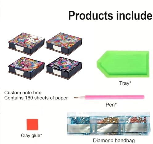 4PCS Diamond Art Painting Notecard Box DIY Craft Sticky Note Box with Total 640 (160 Pages Each) Sheets of Paper for Adults Beginners Desk Organiser(Flowers and Birds) - Image 2