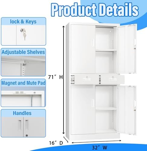 BESFUR Metal Storage Cabinet with 2 Drawers and Adjustable Shelves, 71" H Reinforced Heavy Duty Locking Storage Cabinet for Office, Garage, Home, School, Utility(White) - Image 3