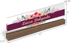 Artblox Personalized Office Desk Name Plate and Business Card Holder | Clear Acrylic Glass with Teak Wood Stand | Wild Flowers Design Customized with Your Name and Credentials Office Desk Decor - Image 3